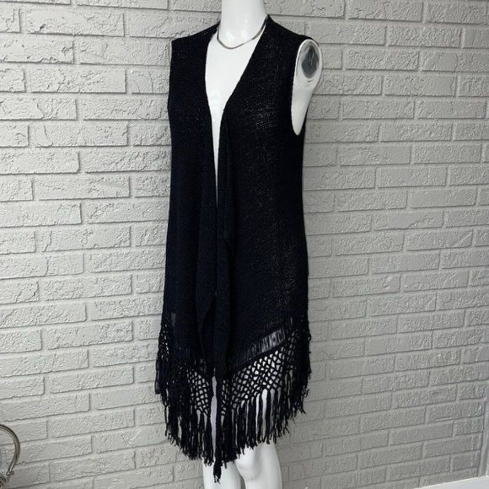 Relativity Women Sleeveless Black Open Front Knit Tassel Cardigan Size M